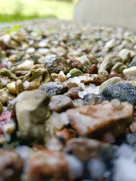 Çeşitli küçük, renkli çakıl taşları ve taşların yakın plan çekimleri. Detaylı dokuları ve doğal desenleri gösteriyor. Sakin bir açık hava ortamı yakalar, doğayı, sükuneti, organik estetiği sembolize eder..