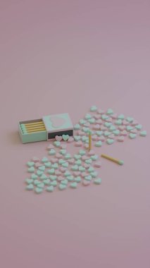 Tek yeşil uçlu kibrit çöpü pastel kalplerin arasında duruyor.