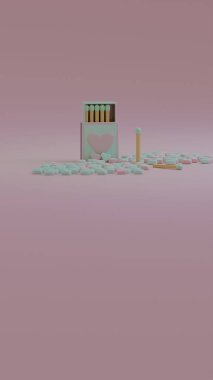 Kalp şeklinde şekerler ve kibrit çöpleri pembe bir masaya kaotik bir şekilde yayılmış.