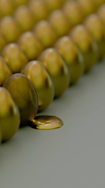 Cracked golden egg in focus with rows of eggs blurred in the background representing that even cracked it is still gold clipart