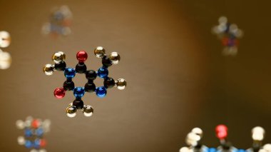 Kafein molekülünün atomu ve bağları net olarak tanımlanmış üç boyutlu çizimi. Eğitim, tıbbi, kimyasal, ilaç veya araştırma amaçları için bilimsel görselleştirme.