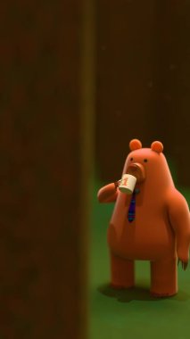 Bir numaralı baba bardağından kahve yudumlayan kravatlı bir çizgi film ayısının resmi. Etrafı orman ağaçlarıyla çevrili. Doğada babalığı, barışı ve rutini çağrıştırıyor. Babalar Günü ya da yaşam tarzı kullanımı için harika.