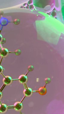 Yakın mesafeden serotonin molekülünün soyut üç boyutlu görüntüsü rengarenk şeffaf küreler içinde, nörotransmitter kimyası ve bilim veya sağIık geçmişi için duygusal düzenlemeyi sembolize ediyor.