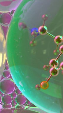 Yakın mesafeden serotonin molekülünün soyut üç boyutlu görüntüsü rengarenk şeffaf küreler içinde, nörotransmitter kimyası ve bilim veya sağIık geçmişi için duygusal düzenlemeyi sembolize ediyor.