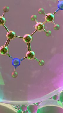 Yakın mesafeden serotonin molekülünün soyut üç boyutlu görüntüsü rengarenk şeffaf küreler içinde, nörotransmitter kimyası ve bilim veya sağIık geçmişi için duygusal düzenlemeyi sembolize ediyor.