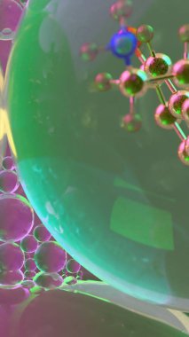 Yakın mesafeden serotonin molekülünün soyut üç boyutlu görüntüsü rengarenk şeffaf küreler içinde, nörotransmitter kimyası ve bilim veya sağIık geçmişi için duygusal düzenlemeyi sembolize ediyor.