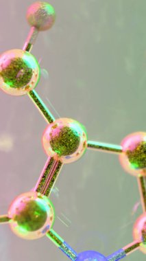 Yakın mesafeden serotonin molekülünün soyut üç boyutlu görüntüsü rengarenk şeffaf küreler içinde, nörotransmitter kimyası ve bilim veya sağIık geçmişi için duygusal düzenlemeyi sembolize ediyor.