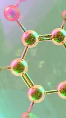 Yakın mesafeden serotonin molekülünün soyut üç boyutlu görüntüsü rengarenk şeffaf küreler içinde, nörotransmitter kimyası ve bilim veya sağIık geçmişi için duygusal düzenlemeyi sembolize ediyor.