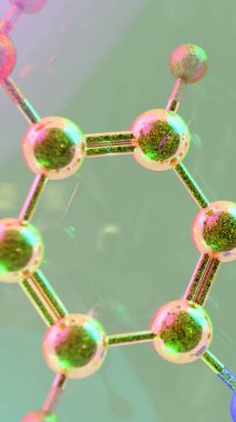 Yakın mesafeden serotonin molekülünün soyut üç boyutlu görüntüsü rengarenk şeffaf küreler içinde, nörotransmitter kimyası ve bilim veya sağIık geçmişi için duygusal düzenlemeyi sembolize ediyor.
