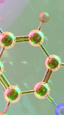 Yakın mesafeden serotonin molekülünün soyut üç boyutlu görüntüsü rengarenk şeffaf küreler içinde, nörotransmitter kimyası ve bilim veya sağIık geçmişi için duygusal düzenlemeyi sembolize ediyor.