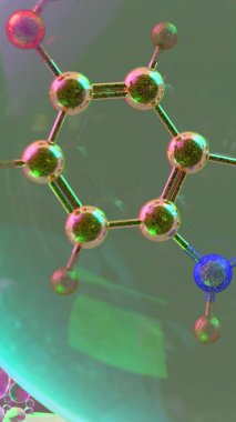 Yakın mesafeden serotonin molekülünün soyut üç boyutlu görüntüsü rengarenk şeffaf küreler içinde, nörotransmitter kimyası ve bilim veya sağIık geçmişi için duygusal düzenlemeyi sembolize ediyor.