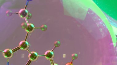 Yakın mesafeden serotonin molekülünün soyut üç boyutlu görüntüsü rengarenk şeffaf küreler içinde, nörotransmitter kimyası ve bilim veya sağIık geçmişi için duygusal düzenlemeyi sembolize ediyor.