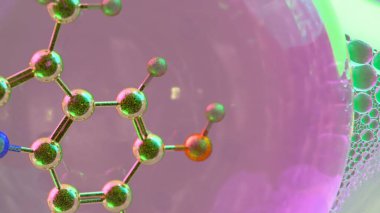 Yakın mesafeden serotonin molekülünün soyut üç boyutlu görüntüsü rengarenk şeffaf küreler içinde, nörotransmitter kimyası ve bilim veya sağIık geçmişi için duygusal düzenlemeyi sembolize ediyor.