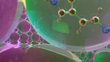 Yakın mesafeden serotonin molekülünün soyut üç boyutlu görüntüsü rengarenk şeffaf küreler içinde, nörotransmitter kimyası ve bilim veya sağIık geçmişi için duygusal düzenlemeyi sembolize ediyor.