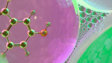 Yakın mesafeden serotonin molekülünün soyut üç boyutlu görüntüsü rengarenk şeffaf küreler içinde, nörotransmitter kimyası ve bilim veya sağIık geçmişi için duygusal düzenlemeyi sembolize ediyor.