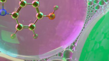 Yakın mesafeden serotonin molekülünün soyut üç boyutlu görüntüsü rengarenk şeffaf küreler içinde, nörotransmitter kimyası ve bilim veya sağIık geçmişi için duygusal düzenlemeyi sembolize ediyor.