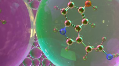 Yakın mesafeden serotonin molekülünün soyut üç boyutlu görüntüsü rengarenk şeffaf küreler içinde, nörotransmitter kimyası ve bilim veya sağIık geçmişi için duygusal düzenlemeyi sembolize ediyor.