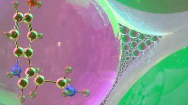 Yakın mesafeden serotonin molekülünün soyut üç boyutlu görüntüsü rengarenk şeffaf küreler içinde, nörotransmitter kimyası ve bilim veya sağIık geçmişi için duygusal düzenlemeyi sembolize ediyor.