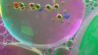 Yakın mesafeden serotonin molekülünün soyut üç boyutlu görüntüsü rengarenk şeffaf küreler içinde, nörotransmitter kimyası ve bilim veya sağIık geçmişi için duygusal düzenlemeyi sembolize ediyor.