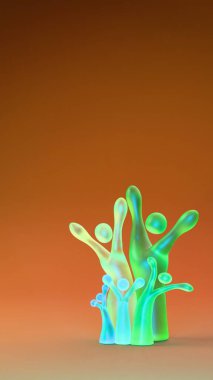 Soyut insan benzeri figürler bir ağaç şeklinde dizilmiş, çeşitli aile veya topluluk bağlantılarını temsil eden, yumuşak ortam ışıklandırmasıyla düzgün bir gradyan yüzey üzerinde duran