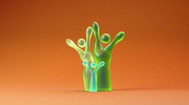 Soyut insan benzeri figürler bir ağaç şeklinde dizilmiş, çeşitli aile veya topluluk bağlantılarını temsil eden, yumuşak ortam ışıklandırmasıyla düzgün bir gradyan yüzey üzerinde duran