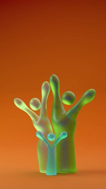 Soyut insan benzeri figürler bir ağaç şeklinde dizilmiş, çeşitli aile veya topluluk bağlantılarını temsil eden, yumuşak ortam ışıklandırmasıyla düzgün bir gradyan yüzey üzerinde duran