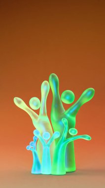 Soyut insan benzeri figürler bir ağaç şeklinde dizilmiş, çeşitli aile veya topluluk bağlantılarını temsil eden, yumuşak ortam ışıklandırmasıyla düzgün bir gradyan yüzey üzerinde duran