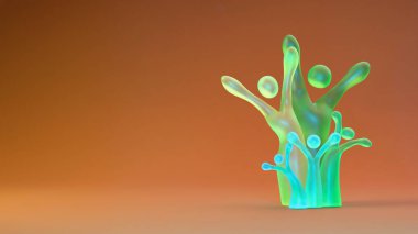 Soyut insan benzeri figürler bir ağaç şeklinde dizilmiş, çeşitli aile veya topluluk bağlantılarını temsil eden, yumuşak ortam ışıklandırmasıyla düzgün bir gradyan yüzey üzerinde duran