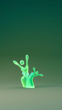 Soyut insan benzeri figürler bir ağaç şeklinde dizilmiş, çeşitli aile veya topluluk bağlantılarını temsil eden, yumuşak ortam ışıklandırmasıyla düzgün bir gradyan yüzey üzerinde duran