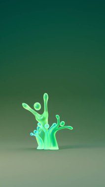 Soyut insan benzeri figürler bir ağaç şeklinde dizilmiş, çeşitli aile veya topluluk bağlantılarını temsil eden, yumuşak ortam ışıklandırmasıyla düzgün bir gradyan yüzey üzerinde duran