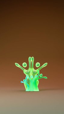 Soyut insan benzeri figürler bir ağaç şeklinde dizilmiş, çeşitli aile veya topluluk bağlantılarını temsil eden, yumuşak ortam ışıklandırmasıyla düzgün bir gradyan yüzey üzerinde duran