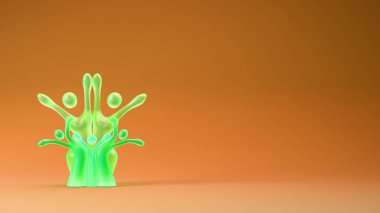 Soyut insan benzeri figürler bir ağaç şeklinde dizilmiş, çeşitli aile veya topluluk bağlantılarını temsil eden, yumuşak ortam ışıklandırmasıyla düzgün bir gradyan yüzey üzerinde duran