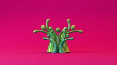 Soyut insan benzeri figürler bir ağaç şeklinde dizilmiş, çeşitli aile veya topluluk bağlantılarını temsil eden, yumuşak ortam ışıklandırmasıyla düzgün bir gradyan yüzey üzerinde duran