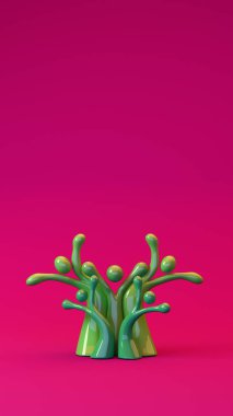 Soyut insan benzeri figürler bir ağaç şeklinde dizilmiş, çeşitli aile veya topluluk bağlantılarını temsil eden, yumuşak ortam ışıklandırmasıyla düzgün bir gradyan yüzey üzerinde duran