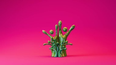 Soyut insan benzeri figürler bir ağaç şeklinde dizilmiş, çeşitli aile veya topluluk bağlantılarını temsil eden, yumuşak ortam ışıklandırmasıyla düzgün bir gradyan yüzey üzerinde duran