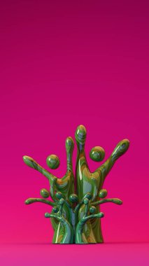 Soyut insan benzeri figürler bir ağaç şeklinde dizilmiş, çeşitli aile veya topluluk bağlantılarını temsil eden, yumuşak ortam ışıklandırmasıyla düzgün bir gradyan yüzey üzerinde duran