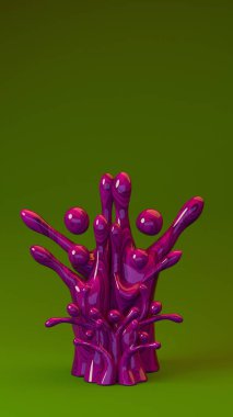 Soyut insan benzeri figürler bir ağaç şeklinde dizilmiş, çeşitli aile veya topluluk bağlantılarını temsil eden, yumuşak ortam ışıklandırmasıyla düzgün bir gradyan yüzey üzerinde duran