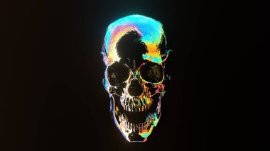 Yüzü öne bakan, çok renkli ışıklarla aydınlatılmış, koyu siyah bir arka plan üzerine kurulmuş bir insan kafatası. Başka nesne yok