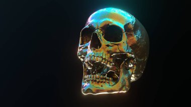 Yüzü öne bakan, çok renkli ışıklarla aydınlatılmış, koyu siyah bir arka plan üzerine kurulmuş bir insan kafatası. Başka nesne yok