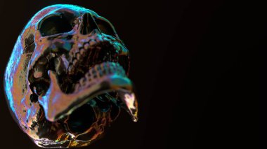 Yüzü öne bakan, çok renkli ışıklarla aydınlatılmış, koyu siyah bir arka plan üzerine kurulmuş bir insan kafatası. Başka nesne yok