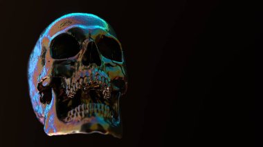 Yüzü öne bakan, çok renkli ışıklarla aydınlatılmış, koyu siyah bir arka plan üzerine kurulmuş bir insan kafatası. Başka nesne yok