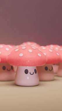 Gülen yüzlü sevimli pembe mantarlar, kaprisli bir 3 boyutlu sahne. Oyuncu tasarım ideal arka planlar, duvar kağıtları, veya çocuk temaları, sevinç, pozitiflik ve sevimlilik iletimi