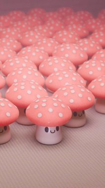 Gülen yüzlü sevimli pembe mantarlar, kaprisli bir 3 boyutlu sahne. Oyuncu tasarım ideal arka planlar, duvar kağıtları, veya çocuk temaları, sevinç, pozitiflik ve sevimlilik iletimi
