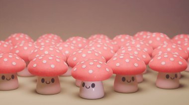 Gülen yüzlü sevimli pembe mantarlar, kaprisli bir 3 boyutlu sahne. Oyuncu tasarım ideal arka planlar, duvar kağıtları, veya çocuk temaları, sevinç, pozitiflik ve sevimlilik iletimi