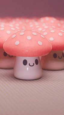 Gülen yüzlü sevimli pembe mantarlar, kaprisli bir 3 boyutlu sahne. Oyuncu tasarım ideal arka planlar, duvar kağıtları, veya çocuk temaları, sevinç, pozitiflik ve sevimlilik iletimi
