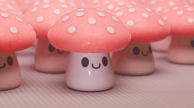 Gülen yüzlü sevimli pembe mantarlar, kaprisli bir 3 boyutlu sahne. Oyuncu tasarım ideal arka planlar, duvar kağıtları, veya çocuk temaları, sevinç, pozitiflik ve sevimlilik iletimi