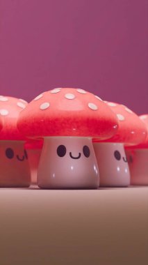 Gülen yüzlü sevimli pembe mantarlar, kaprisli bir 3 boyutlu sahne. Oyuncu tasarım ideal arka planlar, duvar kağıtları, veya çocuk temaları, sevinç, pozitiflik ve sevimlilik iletimi