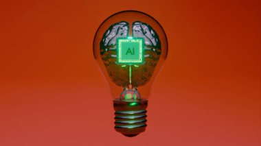 Yapay zeka işlemcisinin yatay yansıtıcısı şeffaf yeşil bir dijital beyne entegre edilmiş, cam bir ampulün içine yerleştirilmiş, sıcak turuncu gradyan bir arkaplan üzerine yerleştirilmiş, fotokopi için boşluk