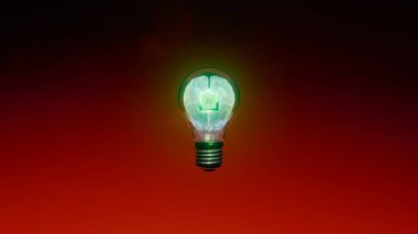 Şeffaf bir cam ampulün içindeki beyaz bir beyne yerleştirilmiş yapay zeka işlemcisinin yatay yansıtıcısı. Boş bir arkaplan, gelecekteki bilgiyi ve akıllı pozu sembolize eden siyah-kırmızı bir arkaplan üzerine kurulmuş.