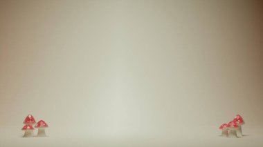 Pürüzsüz bir bej arkaplanın her iki yanına yerleştirilmiş iki ayrı kırmızı benekli mantar grubunun üç boyutlu canlandırması, kavramsal veya dekoratif kullanım için merkezde kopya alanı bırakır